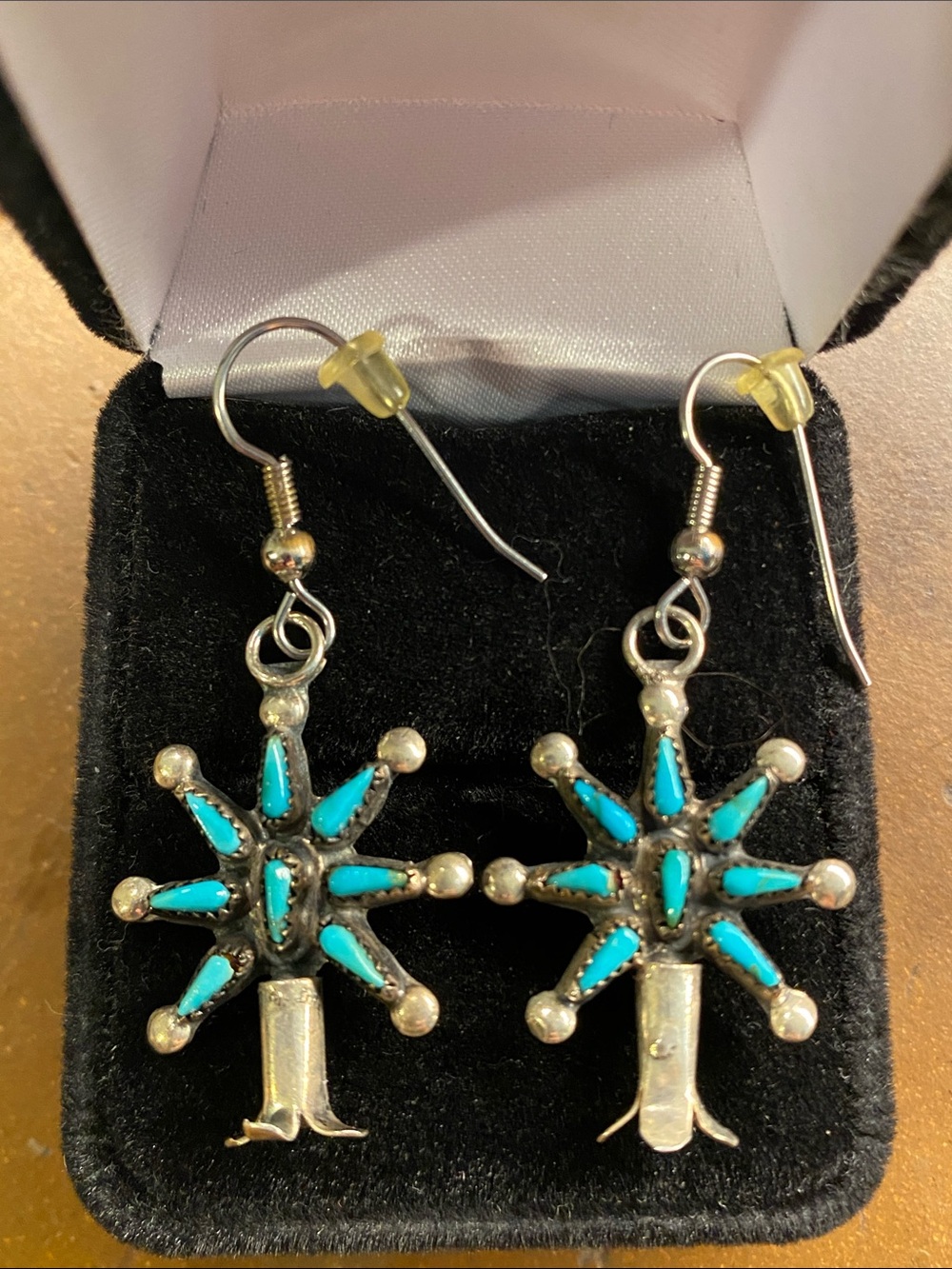 Vintage Zuni Sterling Silver Turquoise Squash Blossom Earrings
